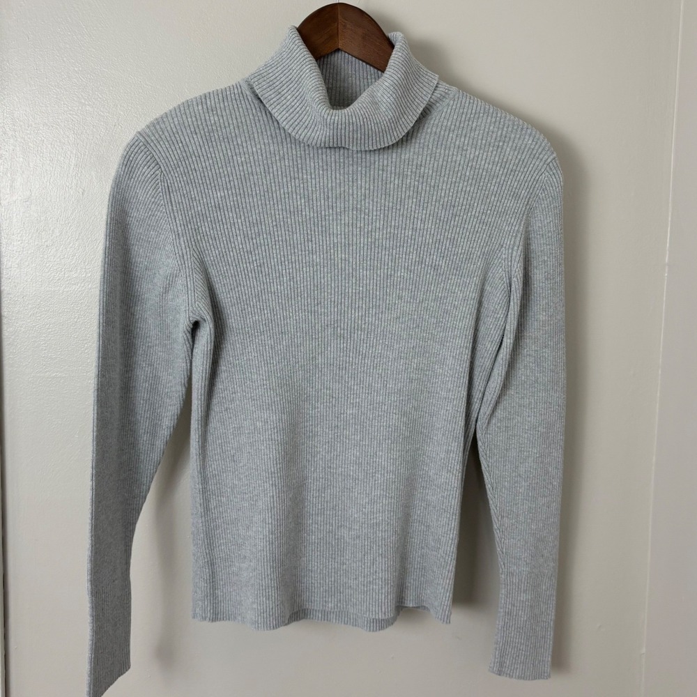 VTG 90s Y2K Turtleneck Sweater Womens M Gray Ribbed Knit Cotton Minimal CBK